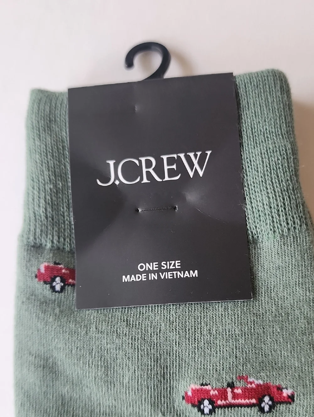 J. Crew Men's Olive Crew Socks with Red Car Motif